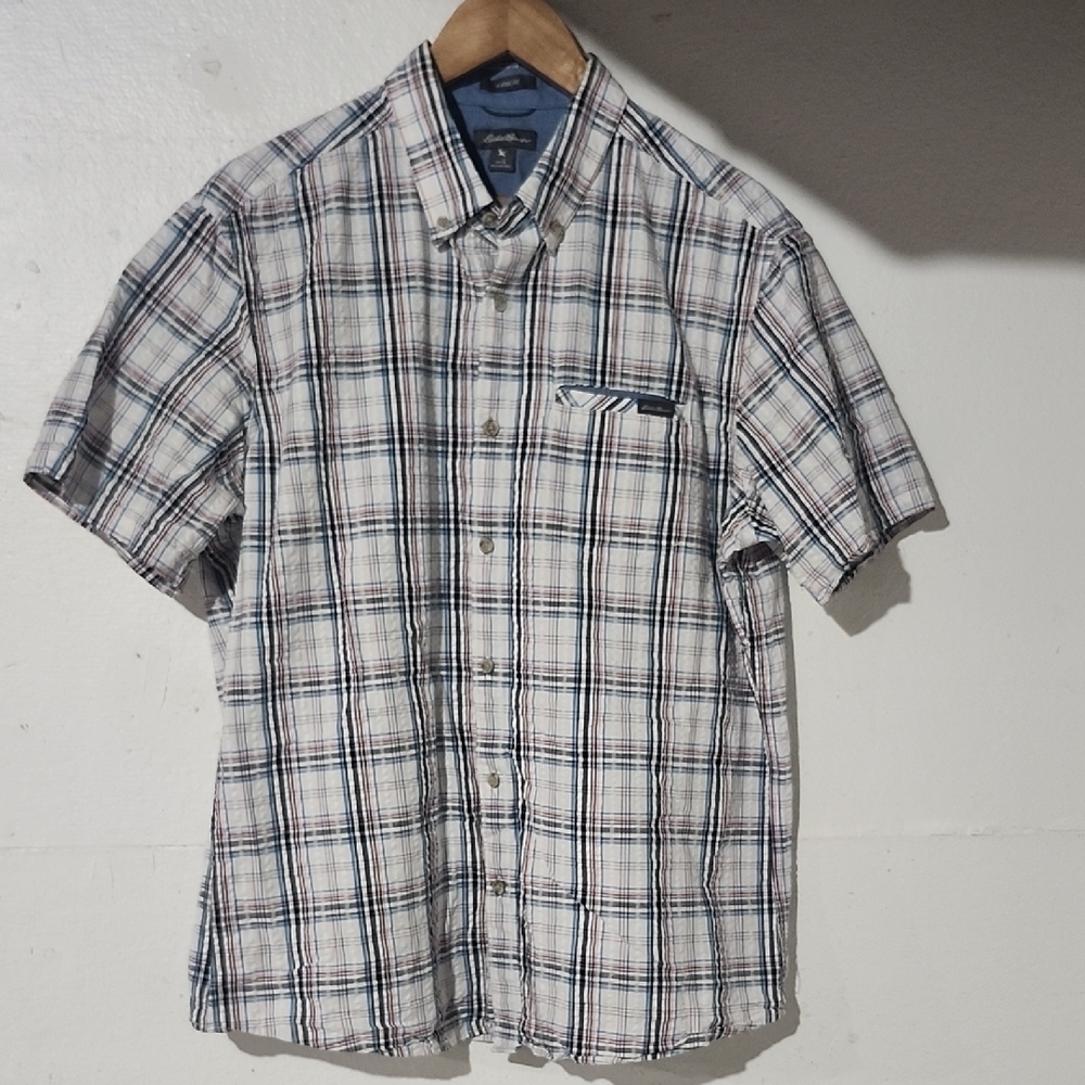 Eddie Bauer Men's Classic Fit White Plaid‎ Short Sleeve Cotton Shirt Size Large